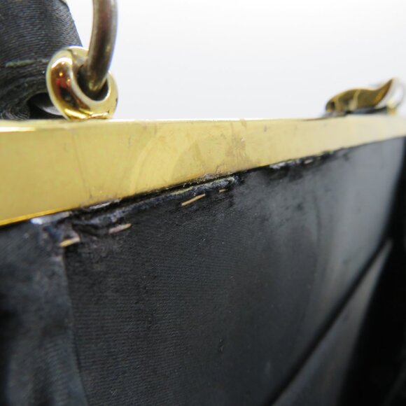 Vintage Handheld Black Satin Purse Bag After Five Mother Pearl Frame Top Handle - Picture 13 of 16